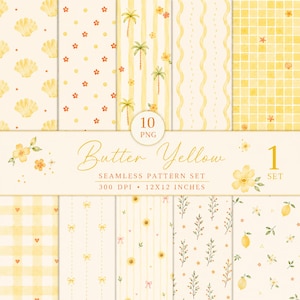 Buttergelbes Aquarell-Digital-Papier-Bundle l Sommer-nahtlose Muster, Küsten-Kokette Scrapbook-Papier, Zitronen-Blumenschale