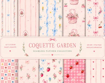 Zestaw bezszwowych wzorów „Coquette Cherry & Truskawka” | Cyfrowy papier z różową kokardką i kwiatowymi motywami | Tapeta w stylu vintage Cottagecore | Bezszwowy PNG