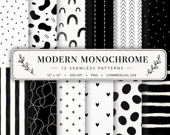Minimalist Black White Seamless Patterns | 12 Modern Fabric Prints | Scandinavian Monochrome PNG Bundle | Textile & Surface Pattern Design