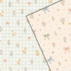 May include: Two overlapping digital paper patterns. The left side features a light green gingham background with illustrations of yellow ducklings, pink bows, and small flowers. The right side has a cream background with bows, flowers, and hearts.