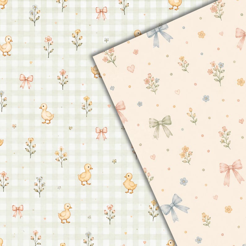 May include: Two overlapping digital paper patterns. The left side features a light green gingham background with illustrations of yellow ducklings, pink bows, and small flowers. The right side has a cream background with bows, flowers, and hearts.