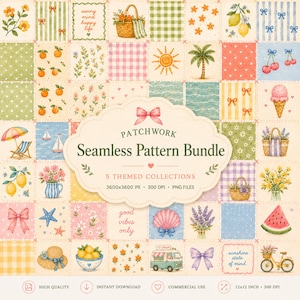 May include: A digital patchwork seamless pattern bundle featuring various illustrations including lemons, flowers, ice cream, palm trees, bicycles, and bows. The central label reads Patchwork Seamless Pattern Bundle 5 Themed Collections 3600x3600 px 300 DPI PNG Files.