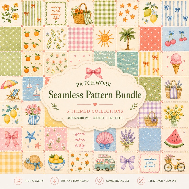 May include: A digital patchwork seamless pattern bundle featuring various illustrations including lemons, flowers, ice cream, palm trees, bicycles, and bows. The central label reads Patchwork Seamless Pattern Bundle 5 Themed Collections 3600x3600 px 300 DPI PNG Files.