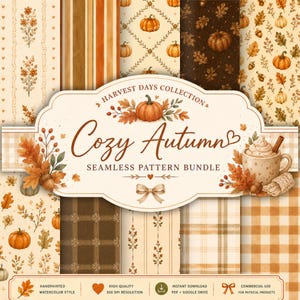 May include: A digital collection of seamless patterns titled Harvest Days Collection Cozy Autumn Seamless Pattern Bundle. The image displays various autumn-themed designs including pumpkins, acorns, fall leaves, plaid, and stripes in orange, brown, and cream.