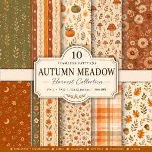 Pode incluir: Dez padrões digitais sem costura com temas de outono, incluindo abóboras, cogumelos, folhas, bolotas, flores e luas em tons de laranja, verde e creme. O rótulo central diz 10 SEAMLESS PATTERNS AUTUMN MEADOW Harvest Collection.