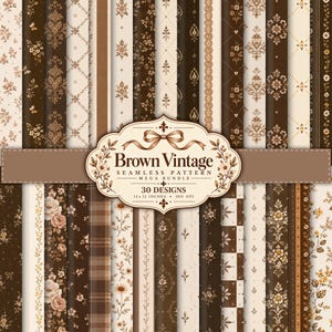 May include: A collection of 30 seamless digital patterns in shades of brown and cream, featuring floral, damask, plaid, and striped designs. A central label displays the text Brown Vintage Seamless Pattern Mega Bundle 30 Designs 12x12 inches 300 DPI.