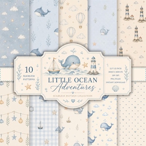 Può includere: Una collezione digitale di 10 motivi senza cuciture con illustrazioni ad acquerello di balene blu, barche a vela, fari, mongolfiere, stelle marine e conchiglie su sfondi azzurri e crema con il testo Little Ocean Adventures.