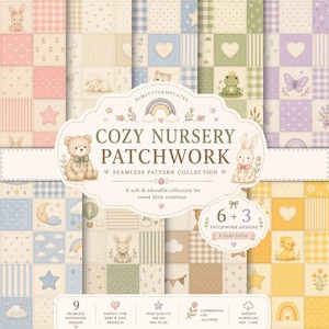 Pacchetto patchwork accogliente per la cameretta / 9 modelli di trapunte per neonati senza cuciture / Carta digitale per la cameretta / Orsetto, coniglietto, agnello, anatra / Disegni stampati su tessuto