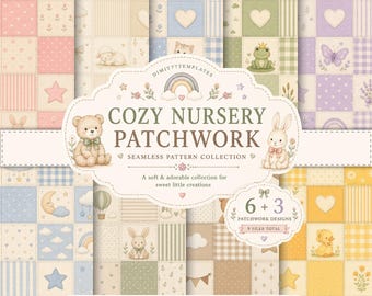 Przytulny zestaw patchworkowy do pokoju dziecięcego | 9 bezszwowych wzorów na kołdry dla niemowląt | Cyfrowy papier do pokoju dziecięcego | Miś, Króliczek, Jagnięcina, Kaczka | Wzory nadruków na tkaninach