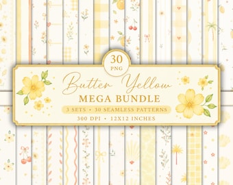 Mega pakiet Coquette Butter Yellow Citrus | 30 bezszwowych papierów cyfrowych | Wzór Lemon Palm Summer w formacie PNG | Album do scrapbookingu i sublimacja