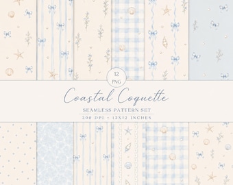 Lot de papier numérique coquette côtière l Motifs preppy été sans couture plage Scrapbooking papier l Aquarelle coquillage, noeud et perle