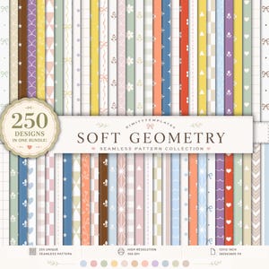Puede incluir: Una colección digital de 250 patrones sin costuras titulada Soft Geometry. La imagen muestra una variedad de tiras verticales con colores pastel y vibrantes con motivos que incluyen corazones, flores, lazos, estrellas y formas geométricas.