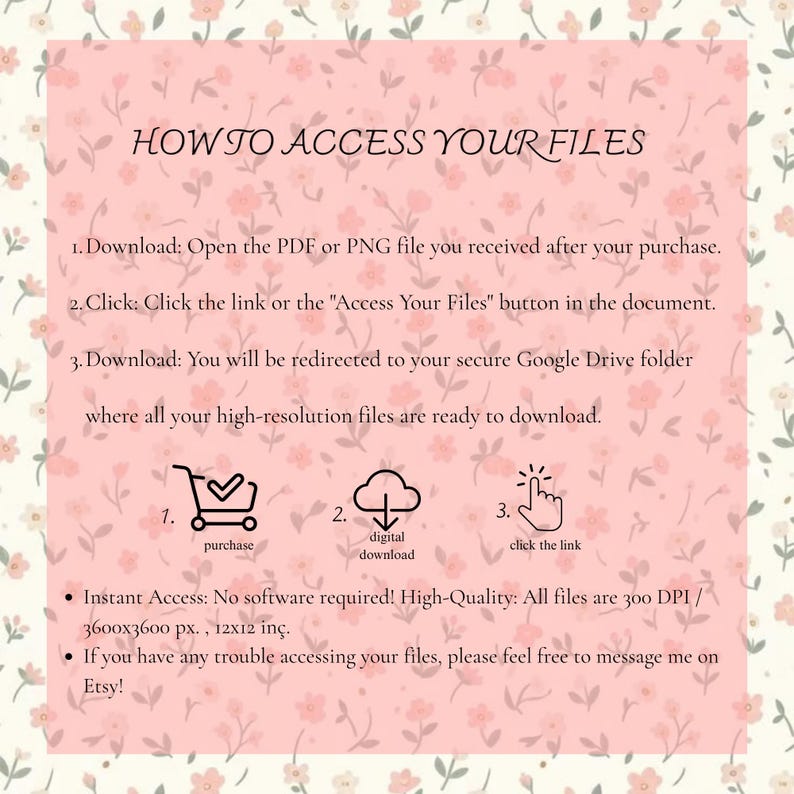 Peut inclure: Un graphique d'instructions sur fond rose clair avec un motif floral. Il d&eacute;taille comment acc&eacute;der aux fichiers num&eacute;riques via Google Drive, incluant les &eacute;tapes de t&eacute;l&eacute;chargement, les liens, et mentionne 300 DPI, 3600x3600 px et 12x12 pouces.