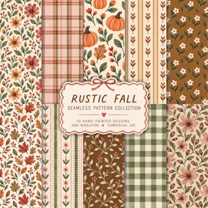 May include: A digital collection of ten seamless patterns featuring autumn-themed illustrations of pumpkins, fall leaves, berries, and flowers in shades of orange, green, and brown. The central label reads RUSTIC FALL SEAMLESS PATTERN COLLECTION.