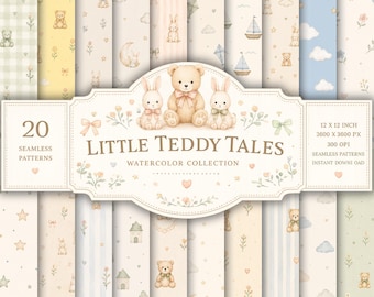 Zestaw wzorów akwarelowych z misiem i króliczkiem | Little Teddy Tales | Nadruk na tkaninie do pokoju dziecięcego | Cyfrowy papier dla niemowląt | 20 wzorów PNG