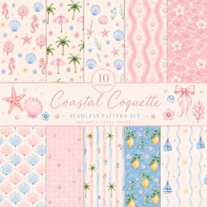 May include: A digital collection of 10 seamless patterns titled Coastal Coquette, featuring watercolour illustrations of seashells, seahorses, palm trees, pink bows, lemons, and sailboats in shades of pink, blue, and cream, sized at 30.48x30.48 cm.