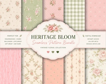 Zestaw wzorów bezszwowe z różami w stylu vintage | Cyfrowy papier kwiatowy Cottagecore | Papier do scrapbookingu w stylu shabby chic | Nadruk na tkaninie | PNG 300 DPI