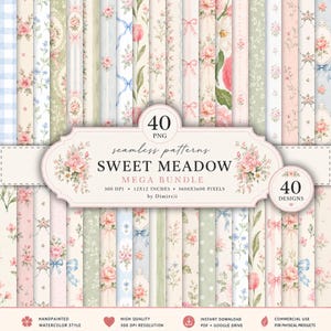 Może przedstawiać: Cyfrowa kolekcja 40 bezszwowych wzorów o nazwie Sweet Meadow Mega Bundle, zawierająca akwarelowe motywy kwiatowe, różowe kokardy i paski w pastelowych kolorach. Obraz przedstawia 40 plików PNG w 300 DPI, 30,48 x 30,48 cm, 3600 x 3600 pikseli.