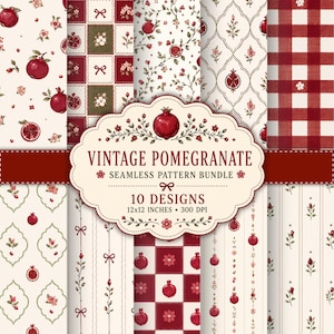 Può includere: Una collezione digitale di 10 motivi senza cuciture con illustrazioni di melograni, motivi floreali, quadrati a scacchi e fiocchi in rosso, bianco e verde. L'etichetta centrale recita VINTAGE POMEGRANATE SEAMLESS PATTERN BUNDLE 10 DESIGNS 30,48x30,48 CM 300 DPI.