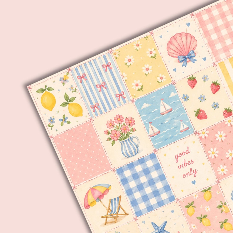 Summer Patchwork Pattern Bundle | Boho Seamless Digital Paper | Watercolor Coastal Coquette PNG | Scrapbook Paper | Sublimation Design image 5
