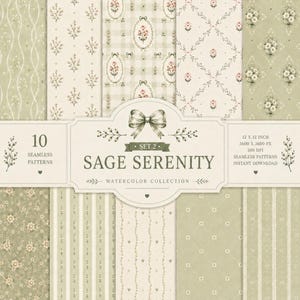 May include: A digital collection of 10 seamless patterns titled Sage Serenity Set 2. The designs feature sage green and cream color palettes with watercolor floral motifs, stripes, gingham, and small hearts. Each pattern is 12 x 12 inches at 300 DPI.