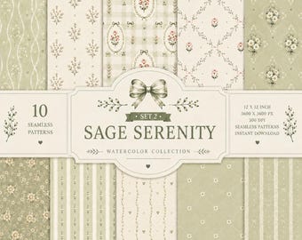numérique coquette vert sauge | Lot de motifs floraux sans couture, chambre de bébé Cottagecore vintage, papier de scrapbooking, design par sublimation