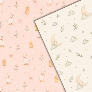 May include: Two patterned papers. The left sheet is light pink with white polka dots, small hearts, bows, flowers, and illustrations of white and yellow ducks. The right sheet is cream with green leaves, stars, clouds, and crescent moons.