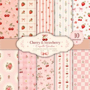 May include: A collection of 10 seamless digital patterns featuring cherry and strawberry motifs, pink gingham, stripes, floral arrangements, and bows. The central label displays the text Cherry & Strawberry Coquette Garden 10 Designs.