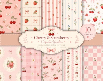 Zestaw bezszwowych wzorów truskawkowo-wiśniowych | Papier cyfrowy Coquette | Różowe wzory kwiatowe Cottagecore | Album do scrapbookingu, tkanina i sublimacja