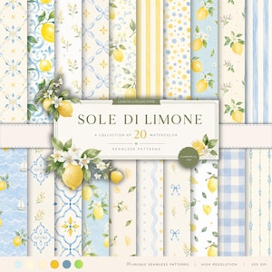 May include: A digital collection of 20 seamless watercolor patterns titled SOLE DI LIMONE, featuring lemon motifs, white blossoms, blue and yellow geometric tiles, stripes, polka dots, and gingham prints in a light blue, yellow, and white palette.