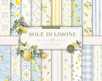 Sole di Limone | Włoski zestaw bezszwowego wzoru na lato | Papier cyfrowy z Wybrzeża Amalfi | Akwarela z cytryną śródziemnomorską | Niebieskie kafelki do druku