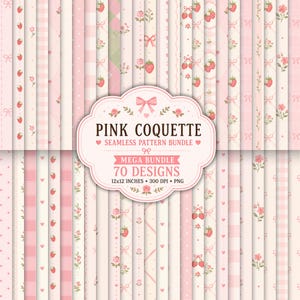 Op de afbeelding: Een digitale collectie van 70 naadloze patronen met roze en witte kleurenpaletten met motieven van aardbeien, rozen, strikken, hartjes en vichy-ruitjes. Het centrale label toont de tekst PINK COQUETTE SEAMLESS PATTERN BUNDLE.