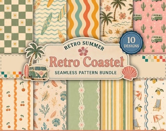 Zestaw bezszwowego wzoru retro na lato | Cyfrowy papier z motywem plaży nadmorskiej | Wzory vintage z motywem surfingu | Wzory palm i muszelek | 10 bezszwowych teł