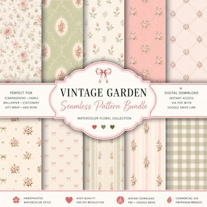 Pode incluir: Uma coleção digital de dez padrões sem costura com designs florais em aquarela, rosas, laços, listras e xadrez vichy em tons de rosa suave, creme e verde sálvia, com o texto VINTAGE GARDEN Seamless Pattern Bundle exibido centralmente.