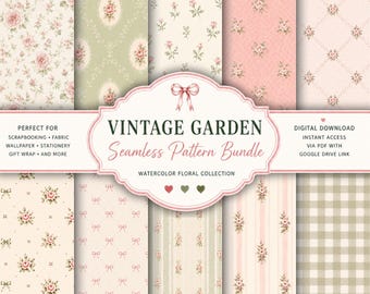 Wzory bezszwowe w stylu vintage garden | Romantyczny zestaw papierów cyfrowych Cottagecore Floral | Papiery akwarelowe | Róże w stylu shabby chic | Do użytku komercyjnego