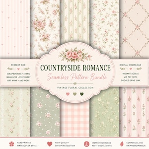 May include: A digital bundle of seamless patterns featuring vintage floral designs, stripes, polka dots, and gingham checks in soft pink, cream, and sage green. The central label displays the text Countryside Romance Seamless Pattern Bundle.