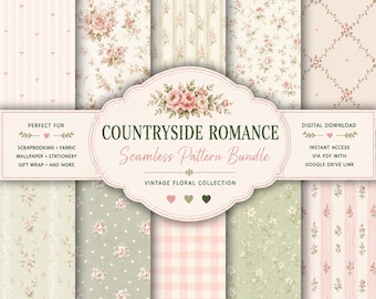 Zestaw bezszwowego wzoru w kwiaty w stylu vintage | Papier cyfrowy Cottagecore w stylu shabby chic | Romantyczne różowe róże | Bezszwowy wzór kwiatowy Grandmillennial PNG
