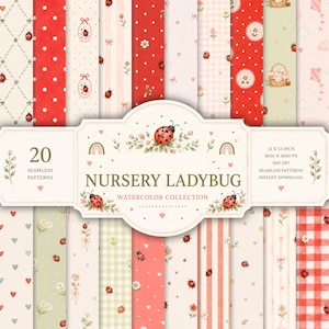Pode incluir: Uma coleção de 20 padrões digitais sem costura com joaninhas, flores, corações e xadrez em vermelho, branco e verde. A etiqueta central exibe o texto Nursery Ladybug Watercolor Collection, 12 x 12 inch, 300 DPI.