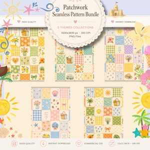 May include: A digital bundle of five patchwork seamless patterns featuring colourful squares with illustrations of flowers, fruit, beach items, and gingham prints. The central text reads Patchwork Seamless Pattern Bundle, 5 Themed Collections, 3600x3600 px, 300 DPI, PNG Files.
