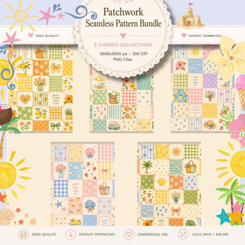 May include: A digital bundle of five patchwork seamless patterns featuring colourful squares with illustrations of flowers, fruit, beach items, and gingham prints. The central text reads Patchwork Seamless Pattern Bundle, 5 Themed Collections, 3600x3600 px, 300 DPI, PNG Files.