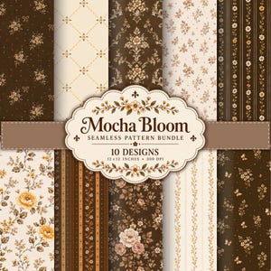 Könnte beinhalten: Ein digitales Papierset mit dem Titel Mocha Bloom Seamless Pattern Bundle mit 10 Designs. Die Muster umfassen florale Drucke, Streifen und Gittermotive in Braun- und Cremetönen. Das Etikett gibt 30,48 x 30,48 cm und 300 DPI an.