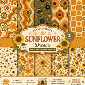 May include: A digital paper bundle featuring 10 seamless patterns with sunflower, retro wave, checkerboard, and fruit motifs in orange, yellow, and green. The central label reads Retro Summer Sunflower Dreams Seamless Pattern Bundle 10 Designs.