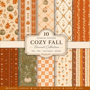 Peut inclure: Une collection de 10 motifs numériques sans couture sur le thème de l'automne avec des citrouilles, des fleurs orange, des feuilles, des nœuds et des carreaux. L'étiquette centrale affiche le texte 10 SEAMLESS PATTERNS COZY FALL Harvest Collection.