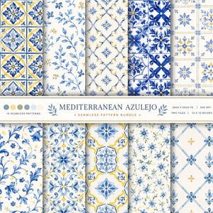 Mediterranean Azulejo Seamless Pattern Bundle | Portuguese Tile Digital Paper | Blue & White Watercolor Ceramic Patterns | Coastal Scrapbook