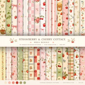 Può includere: Una collezione digitale di 30 motivi senza cuciture intitolata STRAWBERRY & CHERRY COTTAGE MEGA BUNDLE. I design presentano fragole, ciliegie, fiocchi rosa, margherite e motivi a quadretti vichy in tenui colori pastello, disposti a griglia.