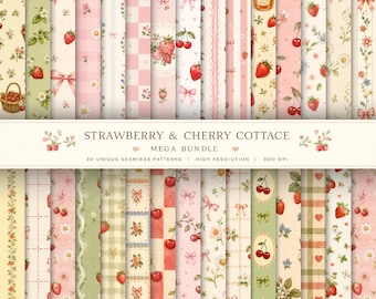 Mega zestaw Strawberry Cherry Cottage | 30 bezszwowych wzorów | Cyfrowy papier Cottagecore Coquette Floral Watercolor, papier do scrapbookingu w stylu vintage