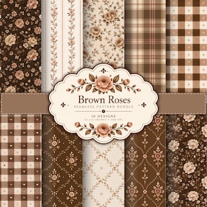 Peut inclure: Une collection de papiers numériques comprenant dix motifs continus dans des tons marron et crème. Les designs incluent des imprimés de roses, des rayures, des carreaux, du vichy avec des cœurs et des damas. Une étiquette centrale indique Brown Roses Seamless Pattern Bundle 10 Designs 12 x 12 Inches 300 DPI.