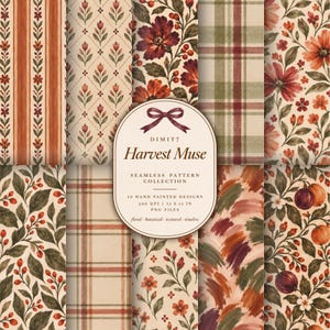 Höstblommigt 10 sömlöst mönster l Vintage höstbotaniskt digitalt papper, akvarell folkblommor, Cottagecore-pläd och randigt, kommersiellt bruk