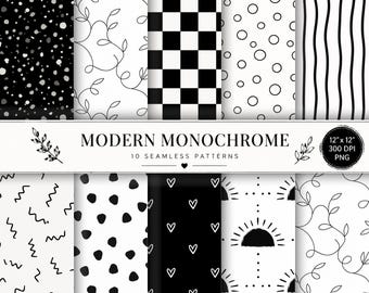 Scandinavian Black&White Seamless Pattern Bundle | Modern Digital Paper | Minimal Monochrome Fabric Patterns | Seamless 10 Printable Designs