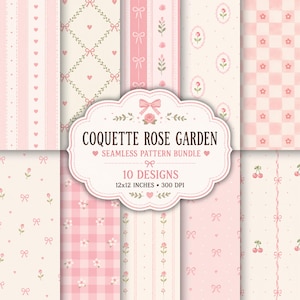 Puede incluir: Un paquete digital de 10 patrones sin costuras en tonos rosa y crema con motivos de rosas, lazos, corazones y cerezas. Una etiqueta central muestra el texto COQUETTE ROSE GARDEN SEAMLESS PATTERN BUNDLE 10 DESIGNS 12x12 INCHES 300 DPI.